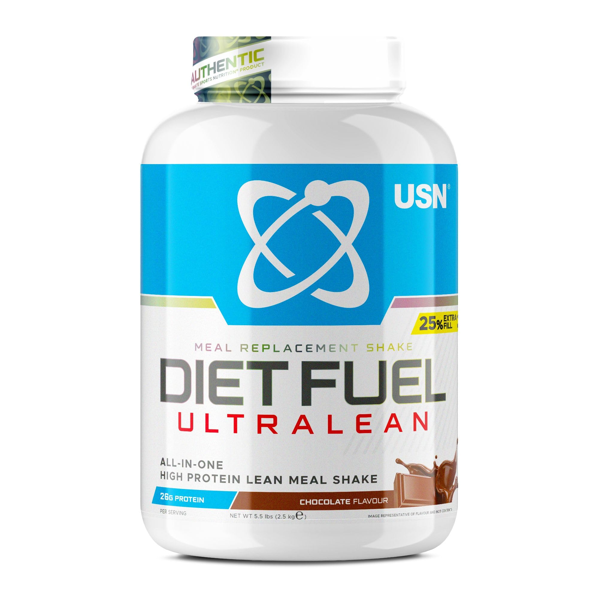 USN Diet Fuel Ultralean Meal Replacement Shake Powder, Chocolate Flavour - 2.5kg, High Protein Shake Powdered Drink Mix, Low Calorie Diet & Weight Control Powder, 25g Protein