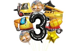 Construction Vehicle Number 3 Balloon Bouquet Set (1-9 Variants) - Excavator & Truck Foil Balloons for 3 Year Old Boy Birthda