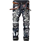 Enrica Men's Ripped Straight Slim Moto Biker Jeans