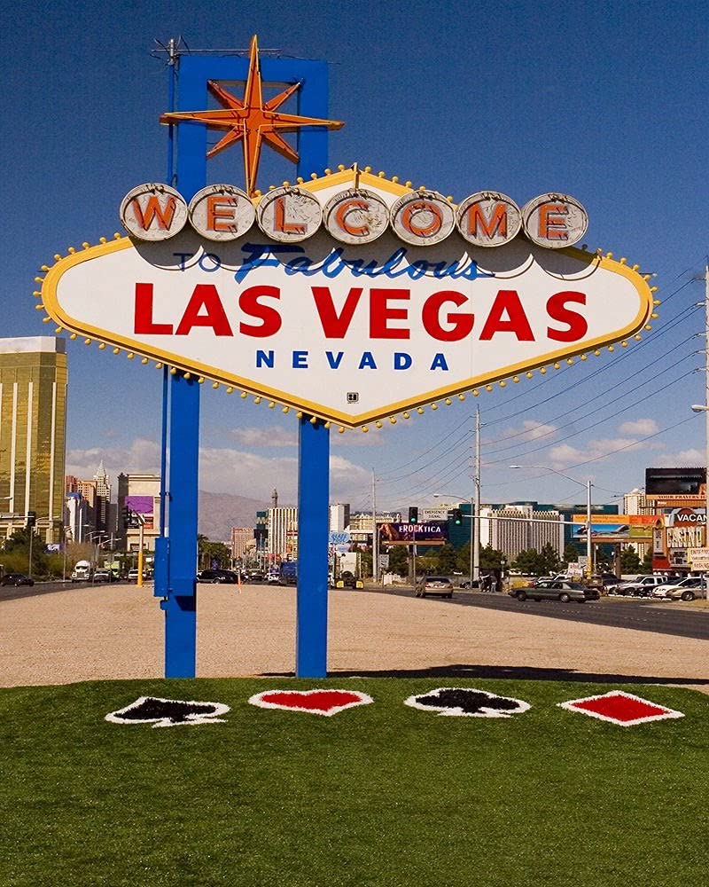 Haosphoto 5X7FT Las Vegas Backdrop for Photography Welcome to Las Vegas Road Sign Backdrops American Cityscape Nevada Business Street Green Grass Lawn Background for Wedding Photo Studio Props HS147