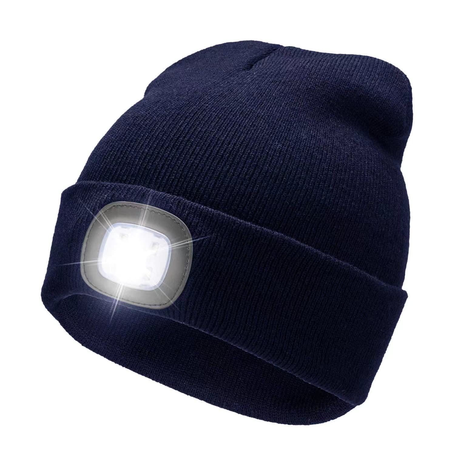 RFWIN LED Lighted Beanie Hat, USB Rechargeable 4 LED Headlamp, Unisex Knitted Hat Cap with Light Headlight Torch Hat for Night Activities, Cycling, Running Navy Blue