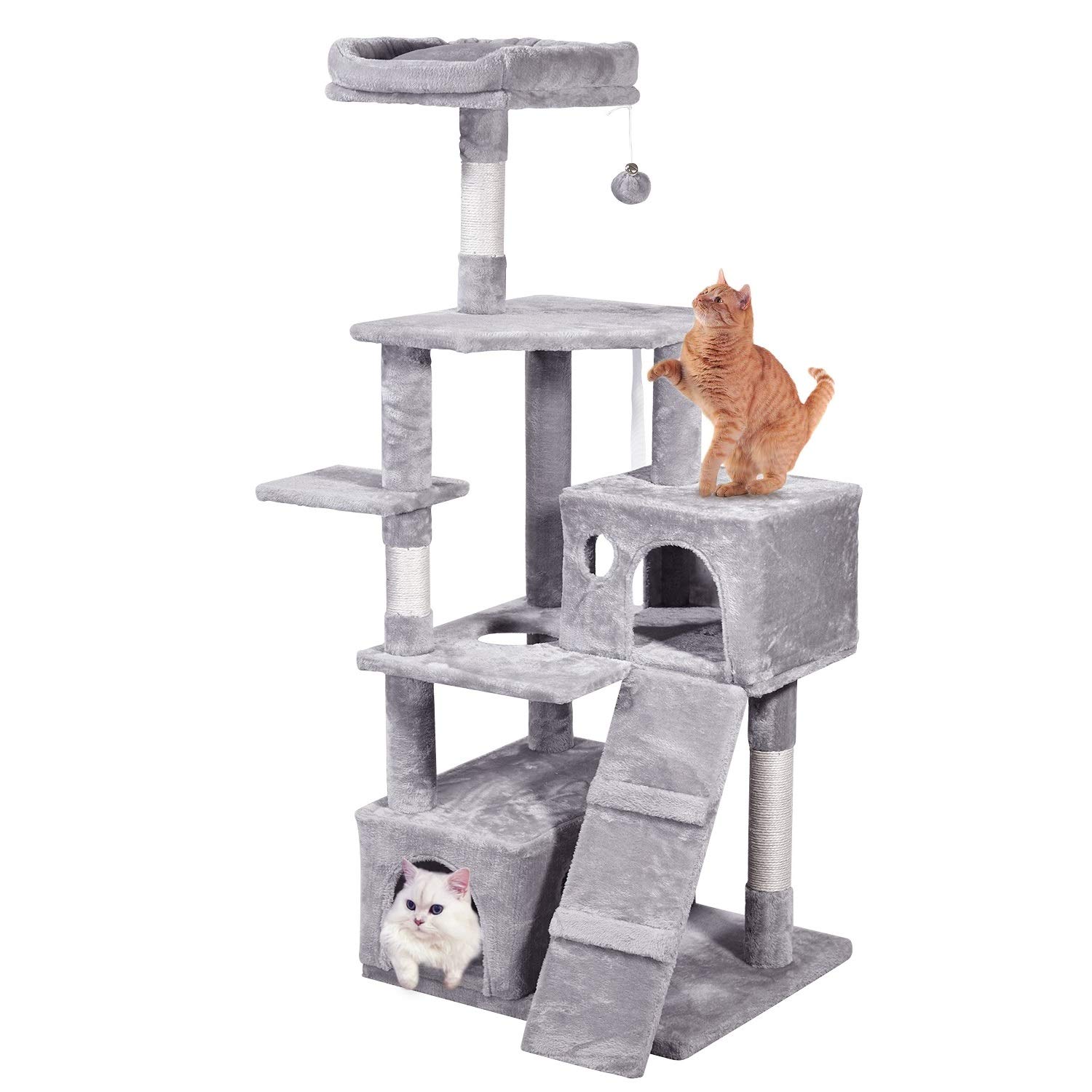 Multi-Level Cat Tree with Climbing Ladder, MQ Activity Centre Cat Tower Furniture 58'' with Sisal-Covered Scratching Post, Dual Condo, Padded Fluffy Plush Perch, Play Tower for Kittens Large Adult Cat