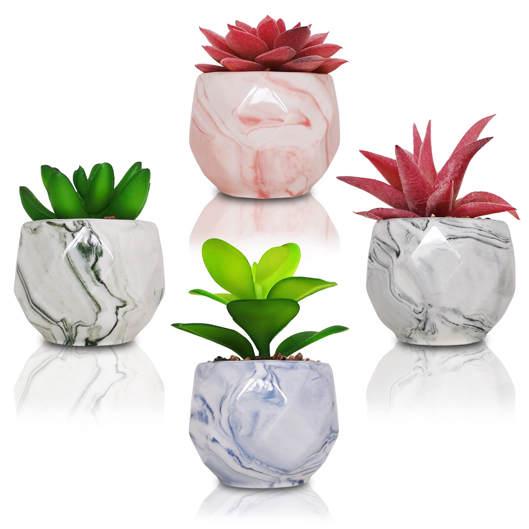 SAJANDAS Green and Pink Artificial Succulent Plants indoors in Marble Pattern Pots, Set of 4 Small Fake Succulent Plants in Colored Ceramic Pots for Home Bathroom, Bedroom Office Desk Plant Decor