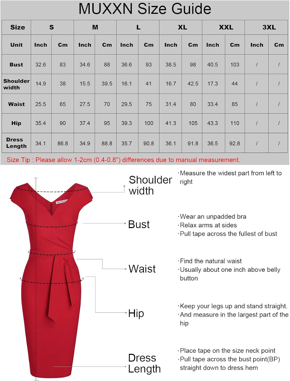 MUXXN Women's Vintage 1950s Style Wrap V Neck Tie Waist Formal Cocktail Dress: Clothing
