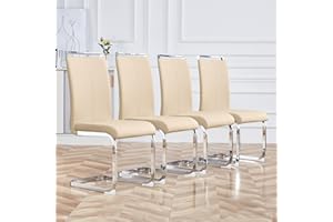 Baysitone Modern Dining Chairs Set of 4, Side Dining Room Chairs with Silver Frame, Kitchen Chairs with Faux Leather Padded Seat High Back, Chairs for Dining Room, Kitchen, Living Room Beige