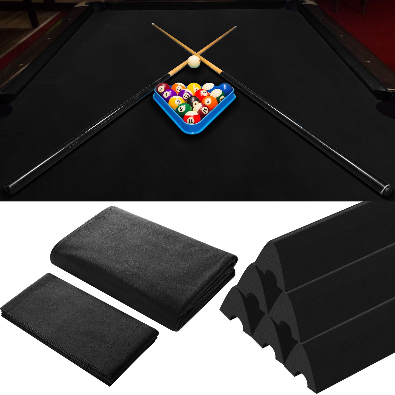 Photo 1 of Mixweer Billiard Cloth for 8 ft Pool Table Pre Cut Pool Table Felt Billiard Protector with 6 Pcs Cloth Strips and 6 Pcs Pool Table Rubber Bumpers for Bars, Clubs, Hotels Replacement (Black)