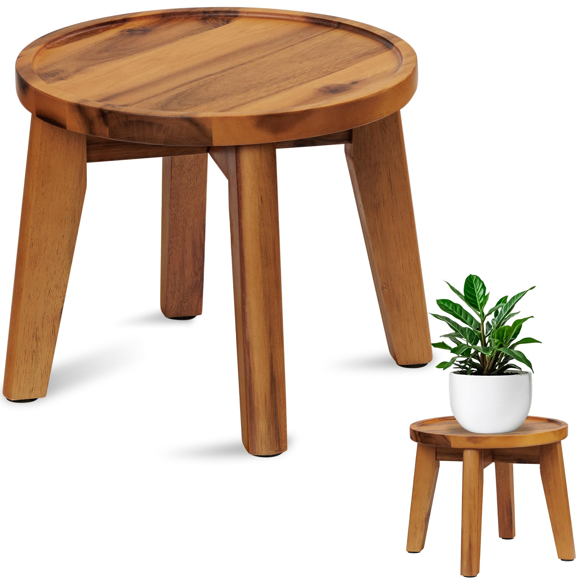 Photo 1 of Demigo Indoor Plant Stand, Acacia Wooden Decorative Plant Shelf with Spill-Proof Tray, Stable 8” Tall Flower Holder for Heavy Pots, Gardening Display for Decor Living Room Patio - Natural Brown