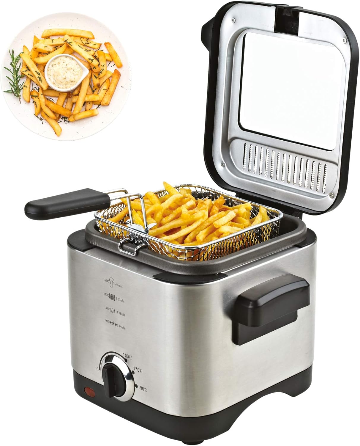 Friteuse 1,5 Liter Fritöse inklusive Filter 900 Watt Fritteuse EDELSTAHL für Pommes, Fischstäbchen kompakt klein vegetarisches und veganes Kochen mit Öl oder Fett