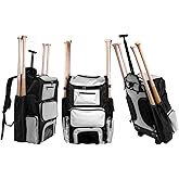 Rovark Catchers Gear Bag with Wheels - Elite Rolling Baseball & Softball Bags, Spacious Catchers Bag with Shoe Compartment, Bat Sleeves, Telescopic Handle & Backpack Straps for Game-Ready Players