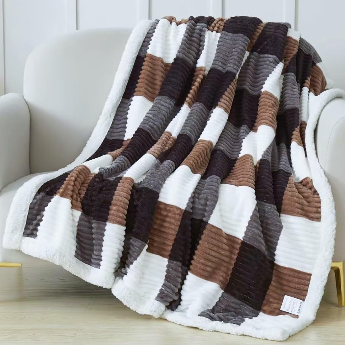 Sherpa Fleece Throw Blanket, 3D Ribbed Jacquard Soft Warm Thick Winter Sherpa Fleece Blankets, Reversible Cosy Fluffy Plaid Blanket for Bed, Sofa, Chair, Couch, Coffee Check, Single, 130x160cm