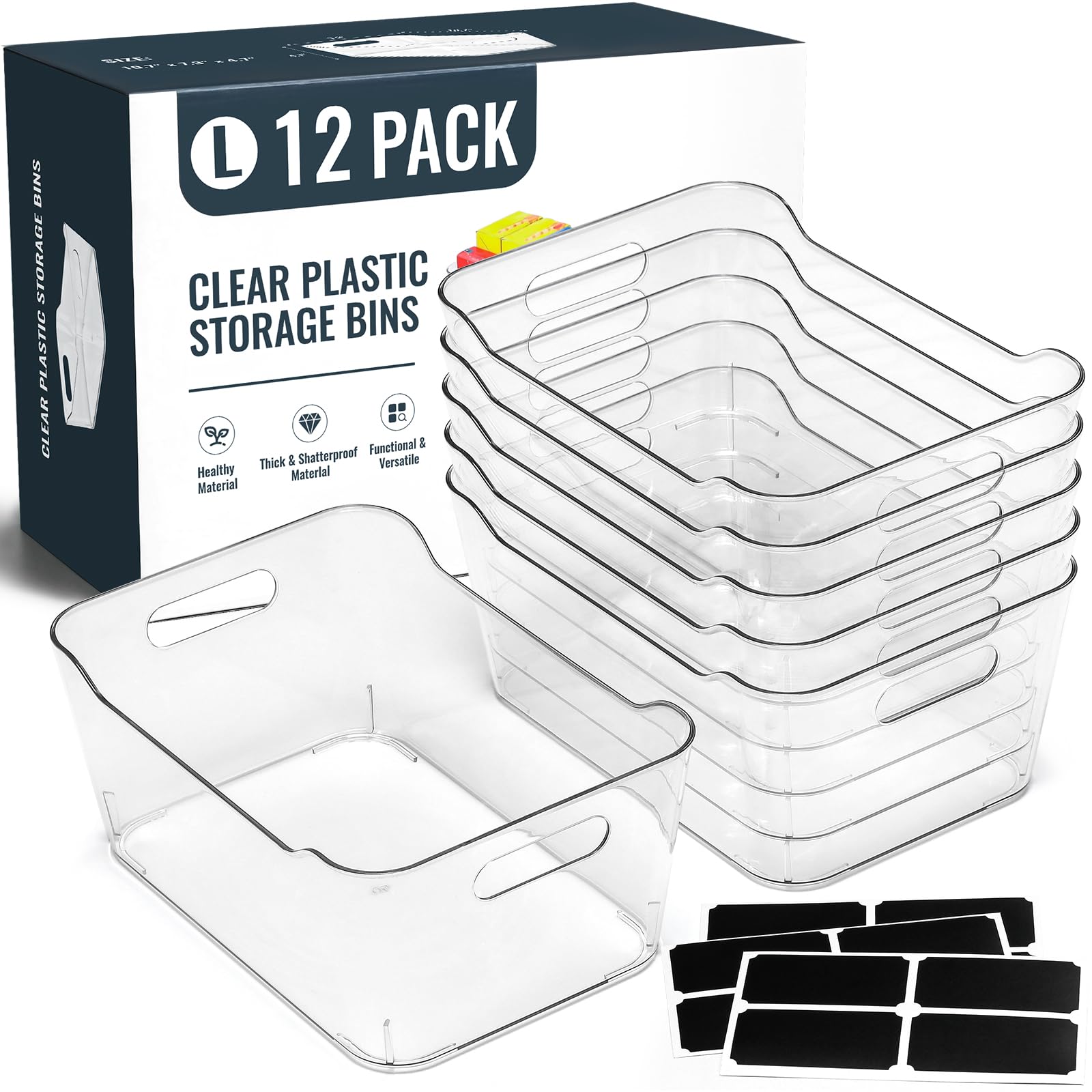Photo 1 of 12 PACK Multi-Use Clear Plastic Storage Bins for Organizing w/Labels - Home, Kitchen, Pantry, Bathroom, Office, Cabinet Shelf Organizer Bins - SOHO Collection, RV, Fridge Organization Containers - L
