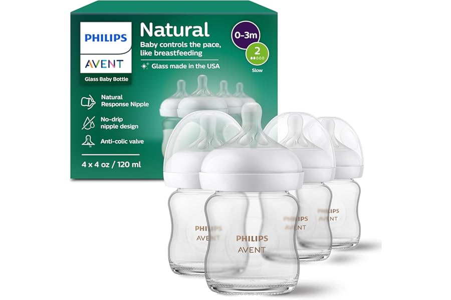 Philips Avent Natural Glass Baby Bottles with Natural Response Nipples (Slow Flow, Flow 2), 4oz, 4-Pack, SCY910/04