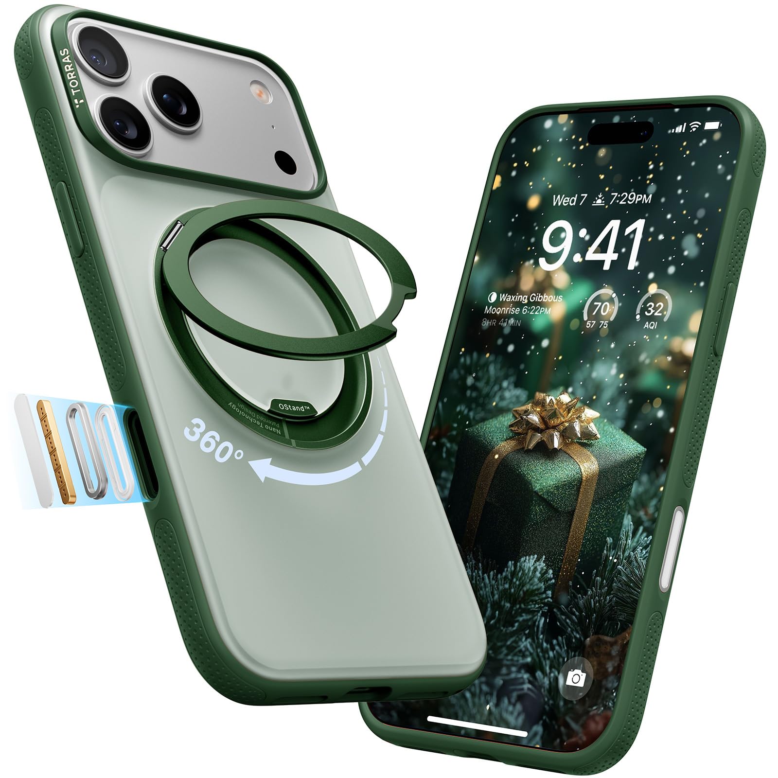 Photo 1 of TORRAS 360 Magnetic Stand for iPhone 17 Pro Max Case, [Fit for MagSafe] [4X Military-Grade Protection] Slim Case for iPhone 17 Pro Max, 6.9", Translucent Pine Green, Ostand O3 Fitness Series