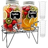 Toowood 1 Gallon Glass Drink Dispensers For Parties 2PACK, Beverage Dispenser, Glass Drink Dispenser with Stand Stainless Steel Spigot, Lemonade Dispenser for BBQ Picnic, Party