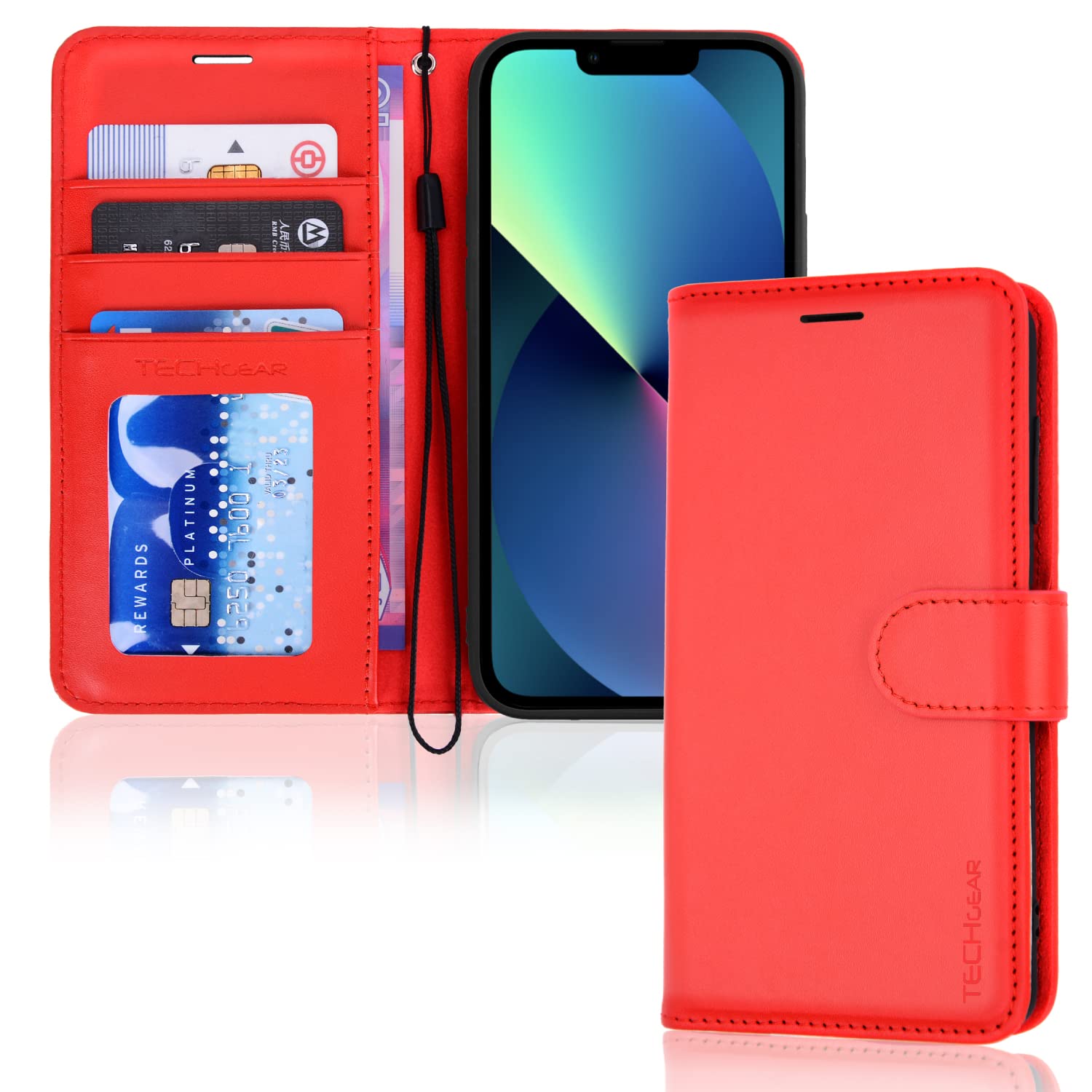 TECHGEAR iPhone 14 Plus Leather Wallet Case, Flip Protective Case Cover with Wallet Card Holder, Stand and Wrist Strap - Red PU Leather with Magnetic Closure Designed for iPhone 14 Plus 6.7" — image 1