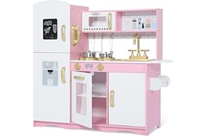 Kinder King Wooden Kids Play Kitchen, Toy Kitchen Playset for Toddler, Pretend Oven, Microwave, Telephone, Chalkboard, Interactive Doors, Knobs, Realistic Kitchen Sets for Boys Girls Age 3+, Gold