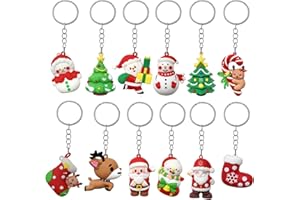 Becfupo 12 Pcs Christmas Rubber Keychains Bulk, Cute Plus-Sized Snowman Xmas Tree Santa Claus Ornaments With Keyrings For Christmas Holiday New Year Party Decoration