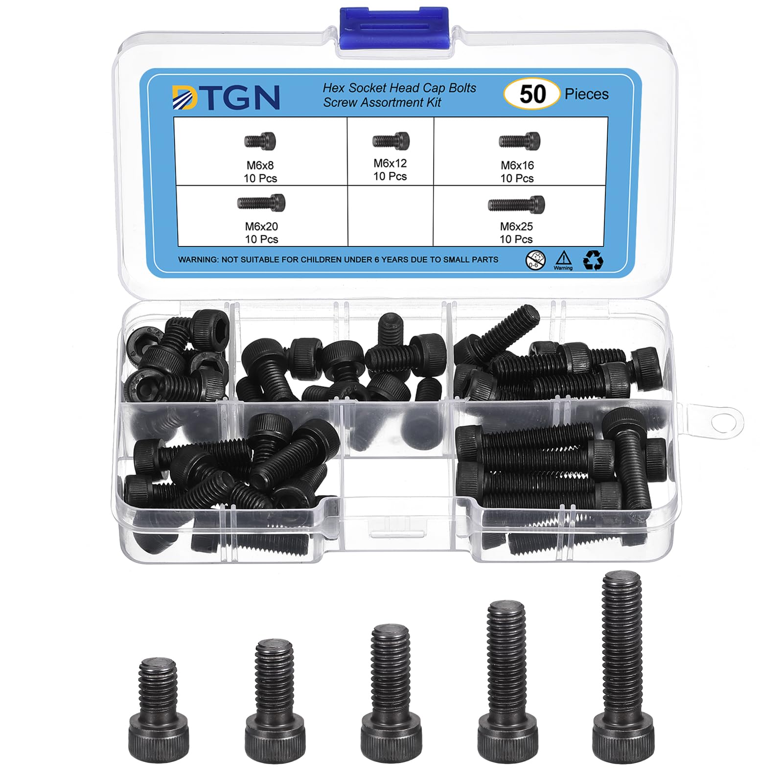 DTGN 50Pcs M6 Metric Screw Assortment, M6 Bolts Socket Head Screws, 12.9 Grade Steel M6x8/12/16/20/25mm Hex Socket Head Cap Screws Bolt Set for 3D Printing DIY