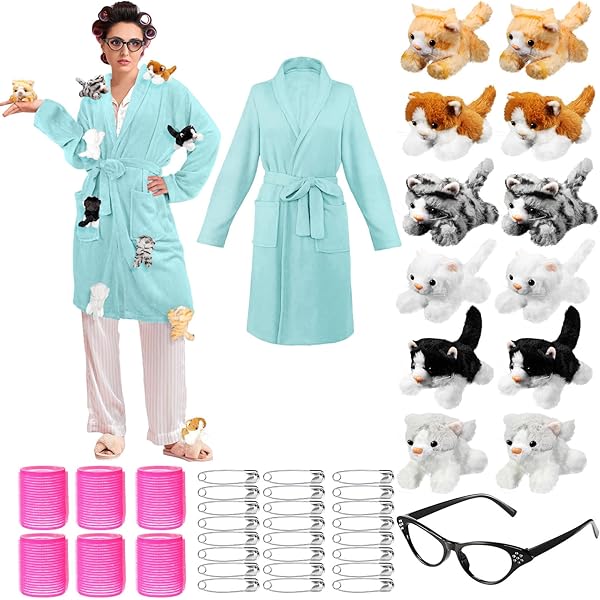 Amazon.com: Crazy Cat Lady Adult Costume | Robe & Wig Funny Costume Set