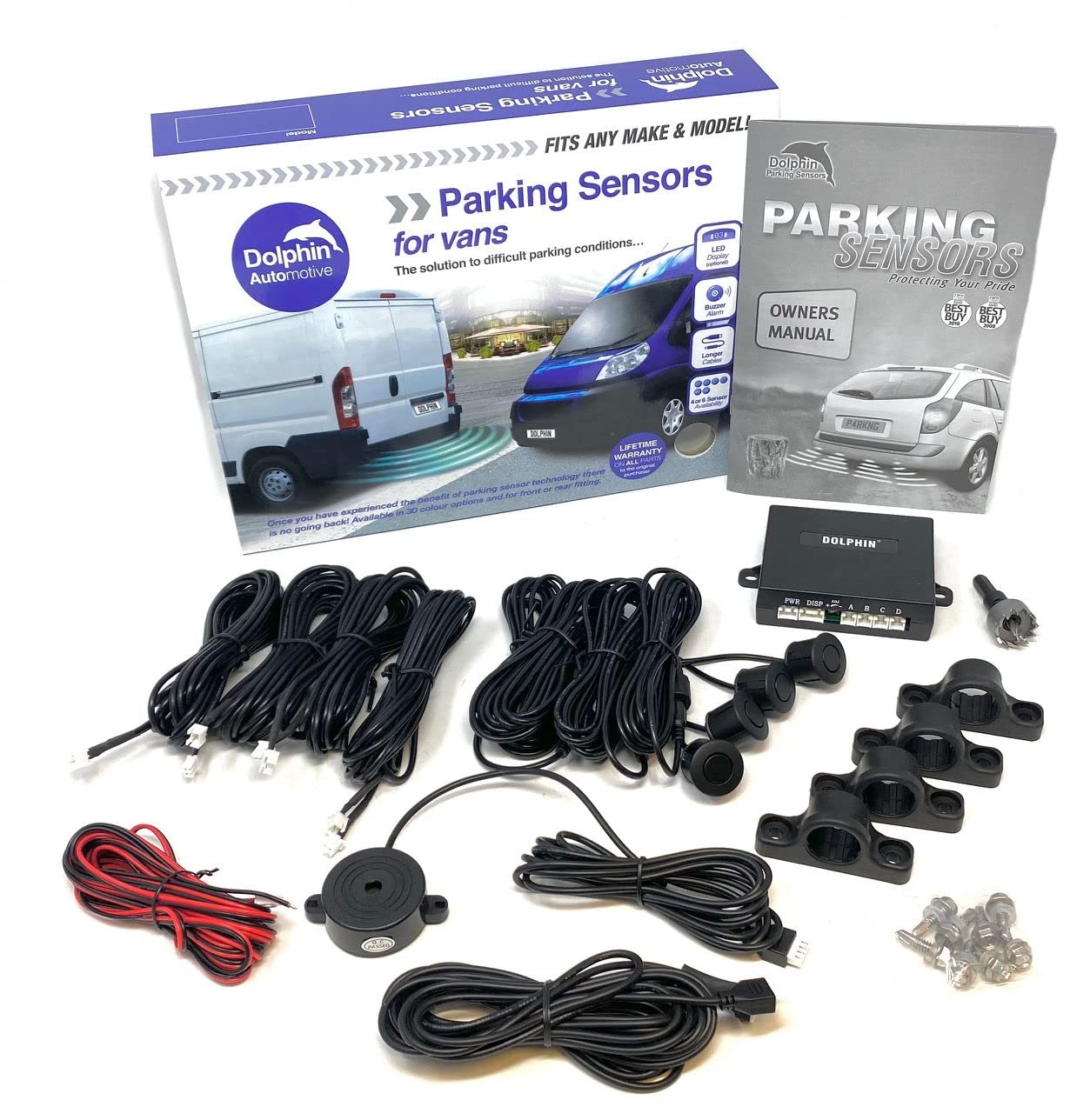 Dolphin Automotive Parking Sensors For Lorry/Van Commercial Rear Reversing Sensors 12V - 24V, 4 Sensors With Under Bumper Brackets & Extension Leads