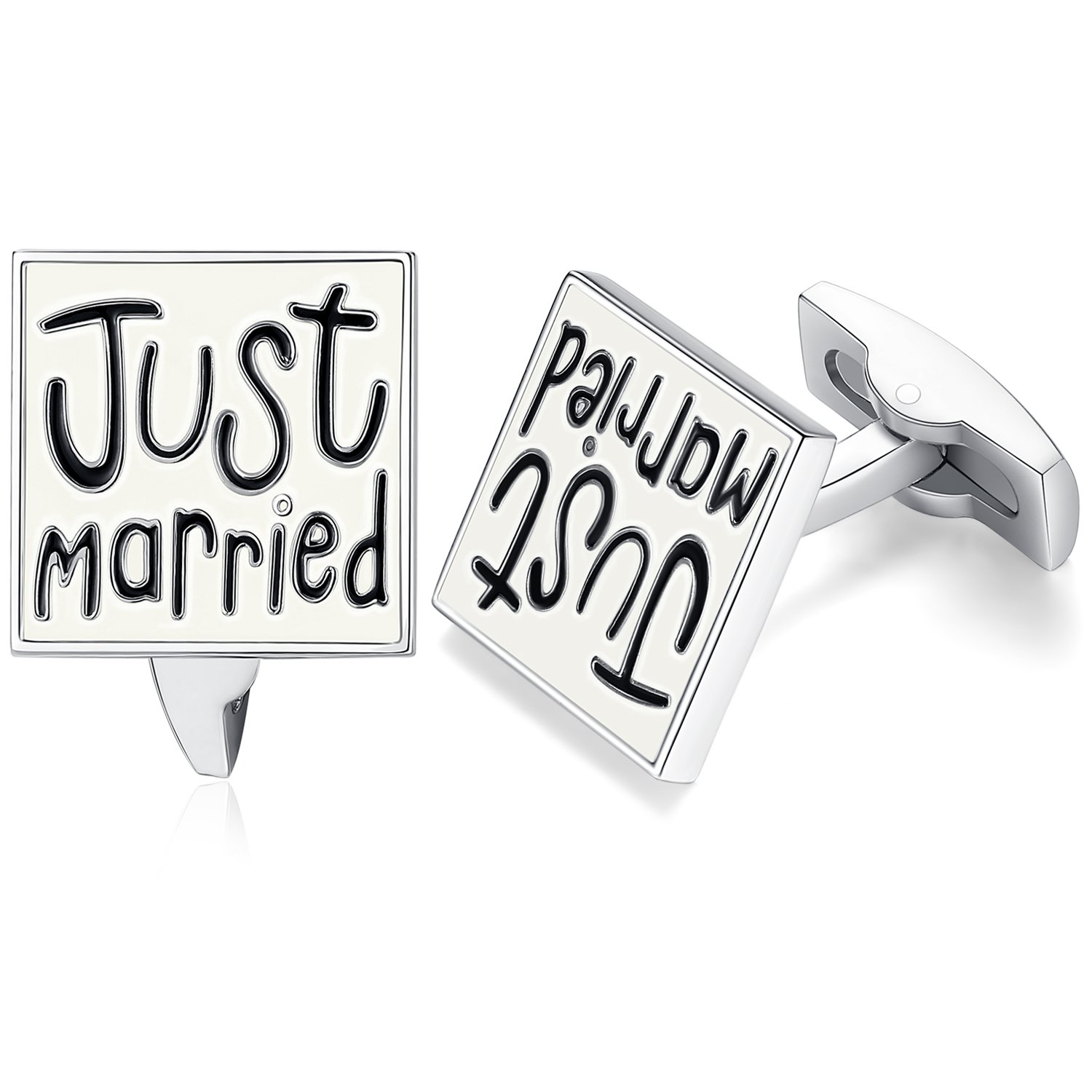 HONEY BEAR Just Married Cufflinks for Mens, Square Stainless Steel, for Wedding Marriage Gift