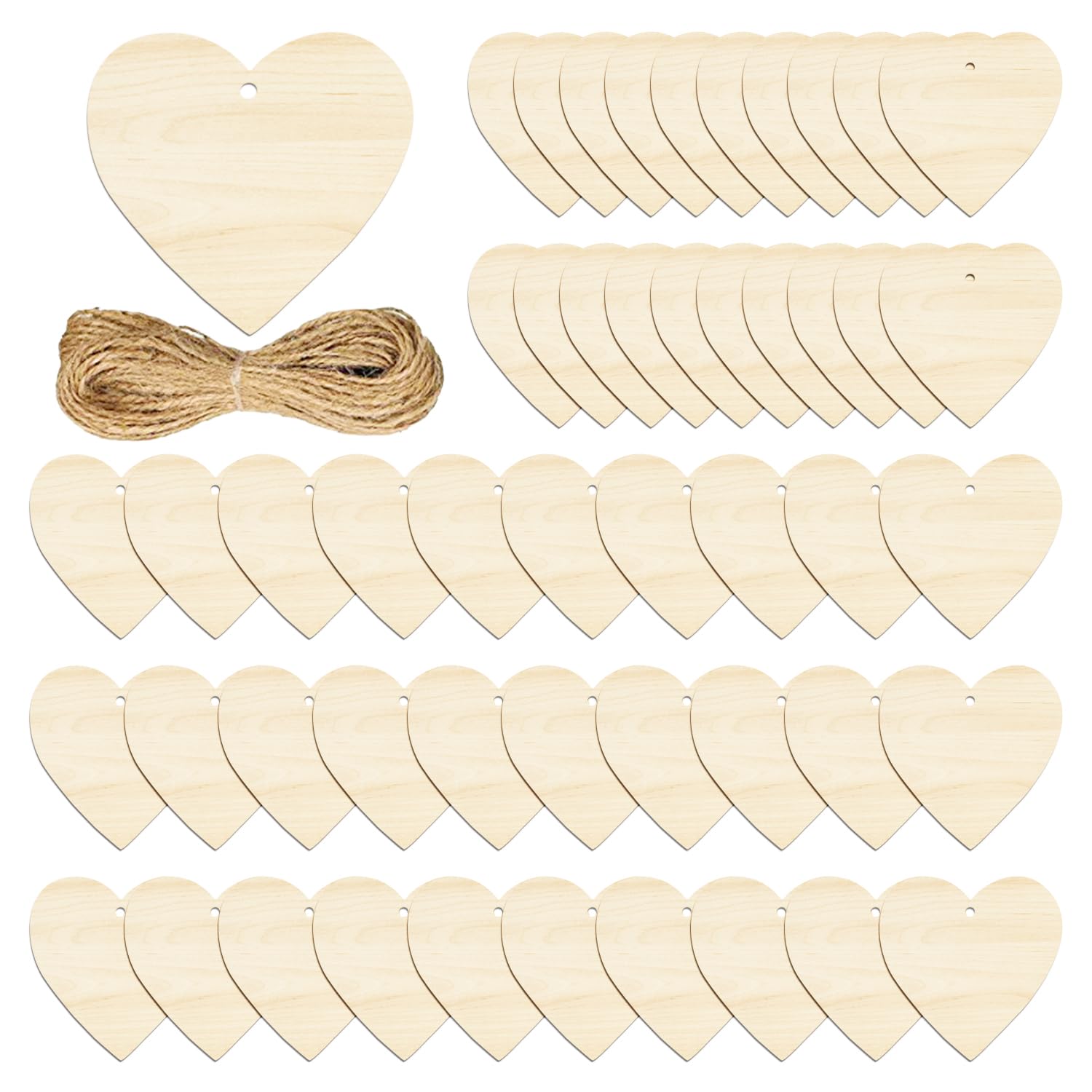 50 Pieces of Heart-Shaped Wood Pieces with Rope, Wooden Heart Decoration, 8cm Wooden Heart Pieces, Blank Heart-Shaped Pendant, DIY Craft Decoration