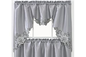 GOHD GOLDEN OCEAN HOME DECOR GOHD Passionate Bloom Kitchen Curtain Swag Valance and Tier Set Nice Embroidery on Faux Silk Fabric with cutworks (Silver Grey)