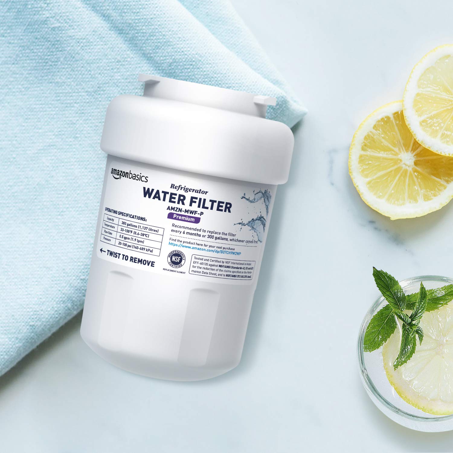 Amazon Basics Replacement GE MWF Refrigerator Water Filter for Filtration, NSF Certified, Compatible with GE and Kenmore, Premium Filtration, Easy to Install, Pack of 3