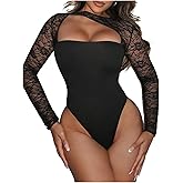 Milumia Women's Sexy Cut Out Lace Bodysuit Asymmetrical Long Sleeve Going Out Rave Leotard Tops