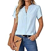 Rooscier Women's Striped Petal Sleeve Button Down V Neck Office Work Blouse Top Shirt