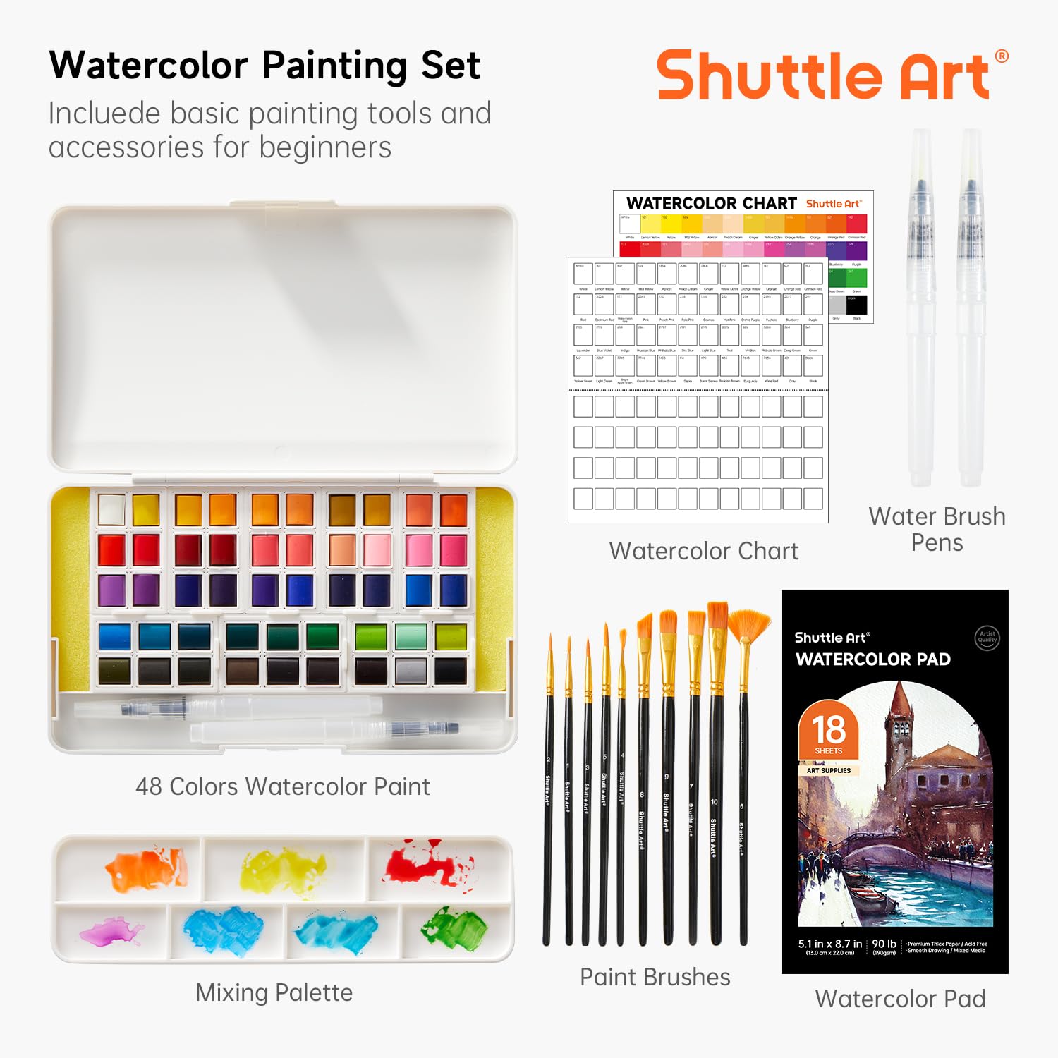 Watercolor Paint Set, Shuttle Art 48 Colors Watercolor Paint in Half Pans with 2 Water Brush Pens, 10 Paint Brushes, 1 Watercolor Pad, 1 Palette, 2 Color Charts, Watercolor Kit for KidsAdults, Artists