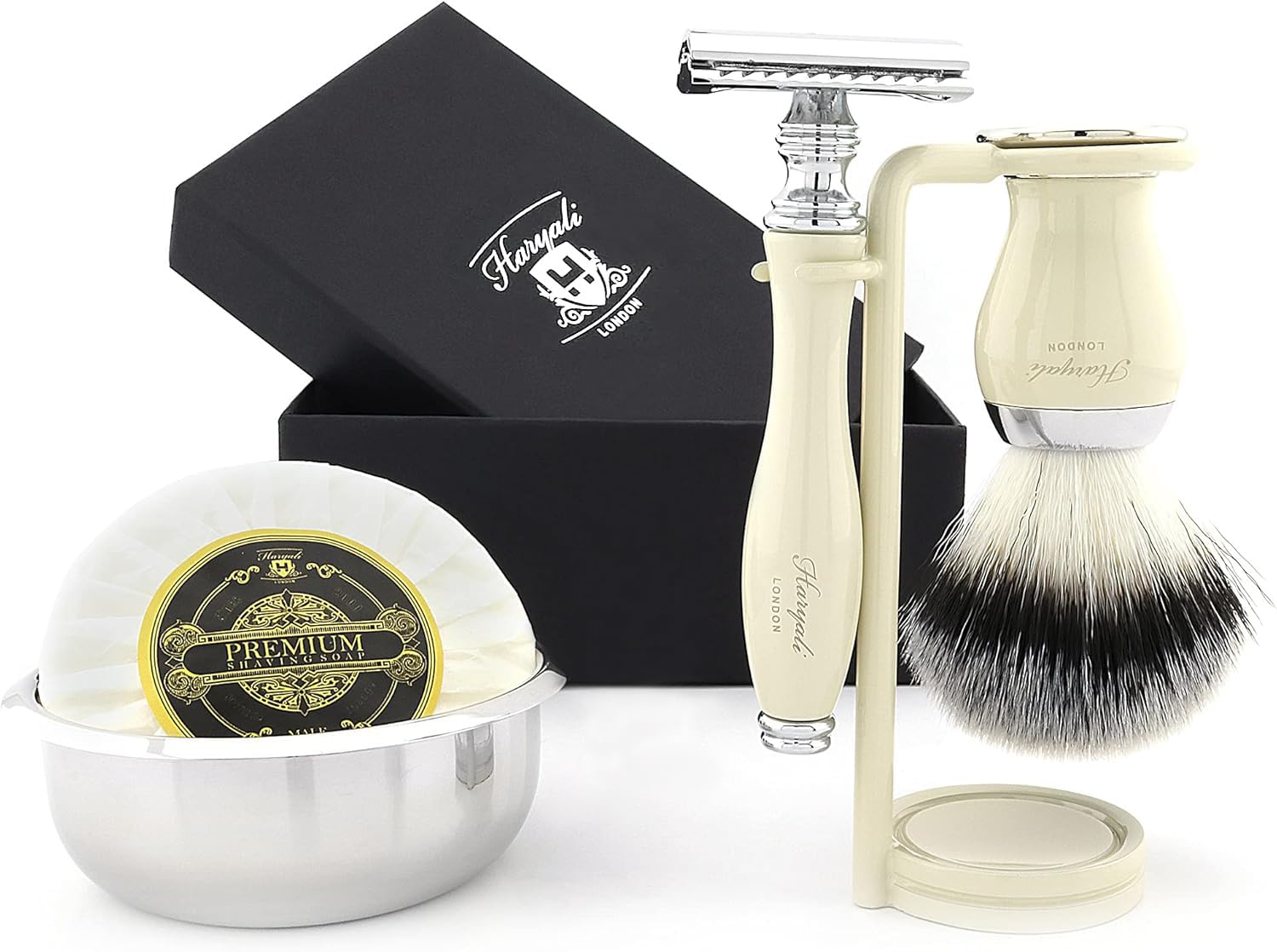Haryali London Shaving Kit, 5 Pc Men Shaving Set, Double Edge Safety Razor, Synthetic Hair Shaving Brush, Shaving Soap and Bowl, Aftershave Alum, Ivory Color Grooming Gift Set