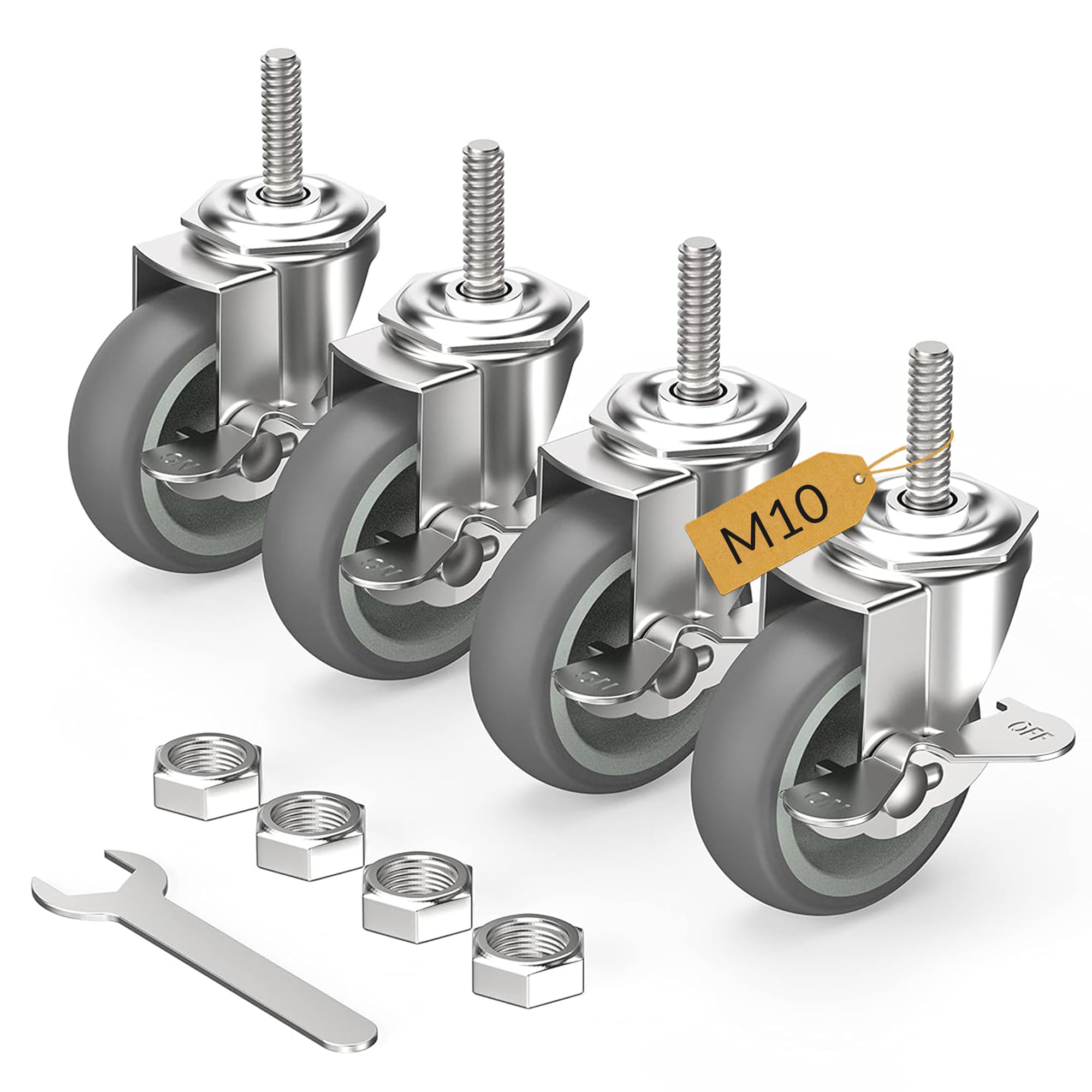 HOLKIE Castor Wheels 75mm with Brakes Stem Castors Set of 4 Heavy Duty, M10 x 1.5 x 30mm (Stem Diameter 10mm, Stem Length 30mm) Threaded Stem Caster Locking Swivel Trolley Furniture Casters Grey