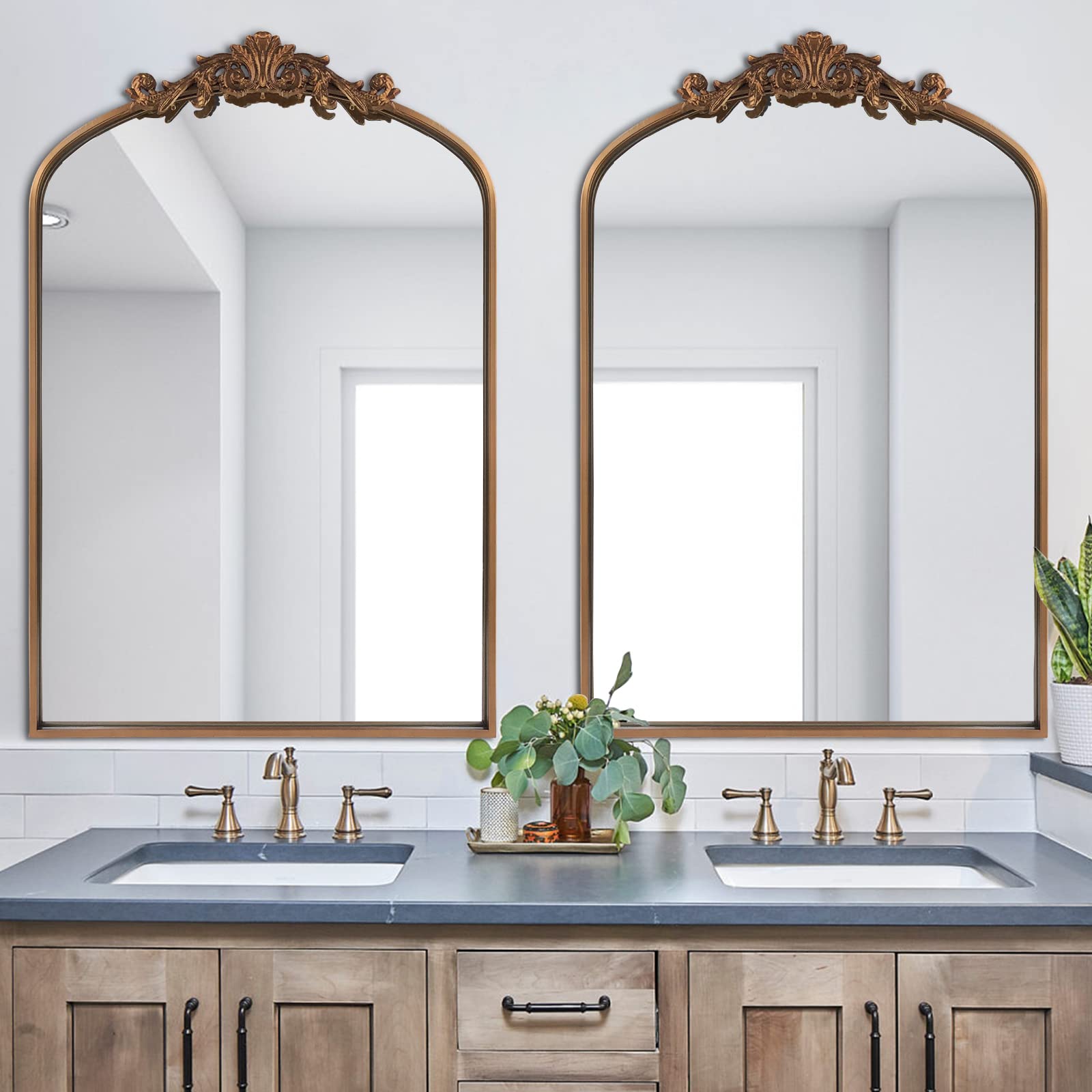 HQiJun Wall Mirror Window Decorative Traditional Vintage Ornate Baroque Mirrors Antique Arched Farmhouse for Living Room Bedroom Entryway Bathroom Vanity (24 * 36 * 1.2, Gold)