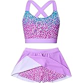 AIDEAONE Girls Swimsuit Two Piece Tankini Skirt Set with Boyshort Summer Beach Bathing Suit Size 6-14