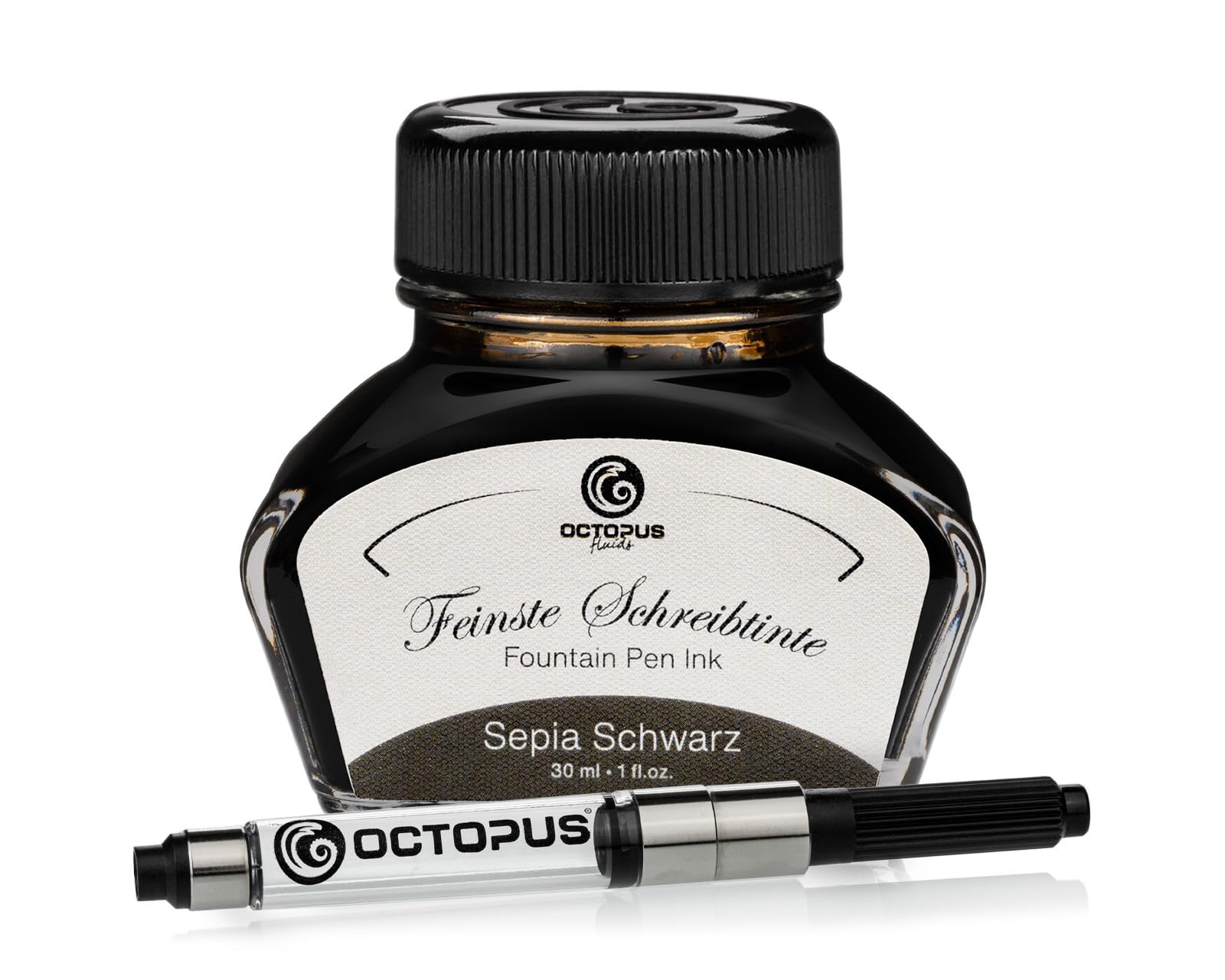 Octopus Fluids Sepia Schwarz - Writing Ink Including Converter, Fountain Pen Ink in Ink Glass, Calligraphy Ink for dip Pen, Sepia Black 30ml