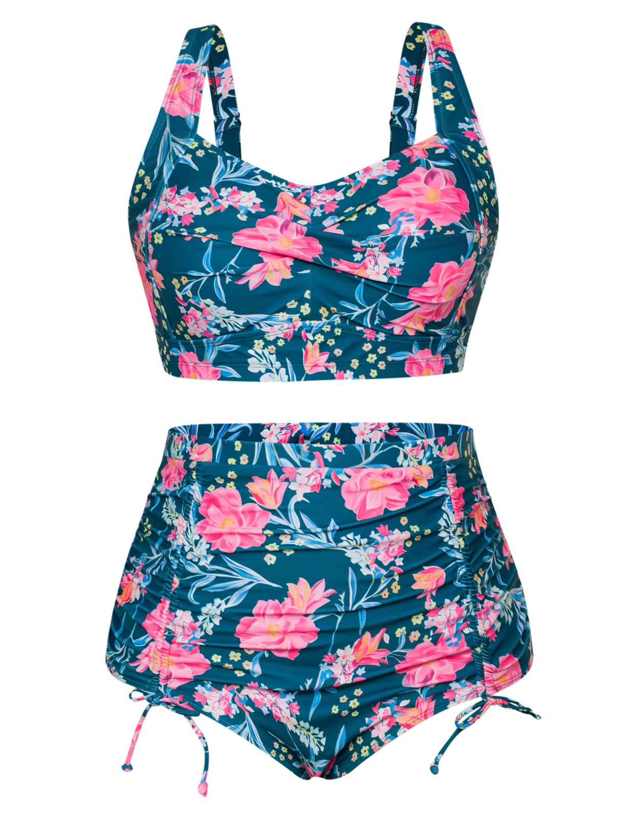 Hfyihgf Women's High Waisted Bikini Ribbed Two Piece Swimsuit High Cut Solid Color Adjustable Spaghetti Straps Bathing Suit Black M