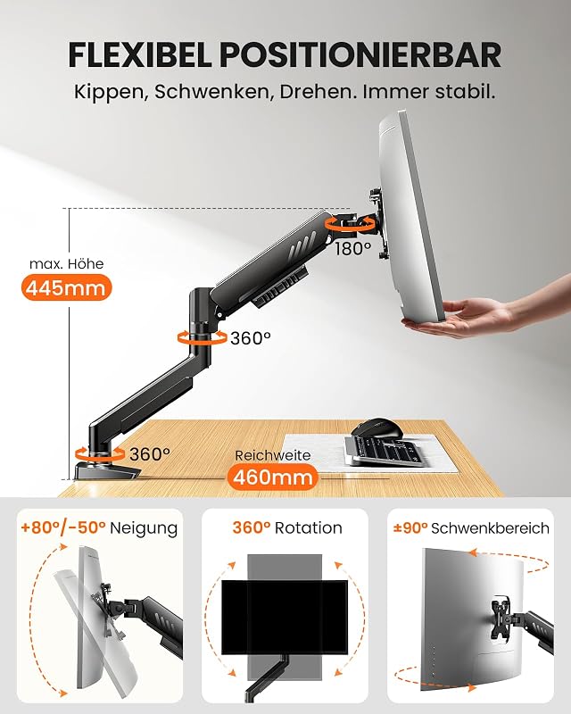 Monitor Halterung für 13-34 Zoll Bildschirme [Upgraded - Schluss mit Absacken] Monitor Arm Werkzeuglose Schnellmontage bis 9kg, Monitorhalterung mit Kabelmanagement, VESA 75 & 100 mm