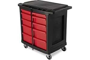 Rubbermaid Commercial Products Mobile Tool Work Center, 5 Drawers, 250 lb. Capacity, Black, for Warehouse/Garage/Cleaning/Maintenance