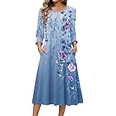 Zeagoo Summer Dresses for Women 2026 3/4 Sleeve Dress for Women Floral Midi Dresses for Casual Womens Dresses with Pockets