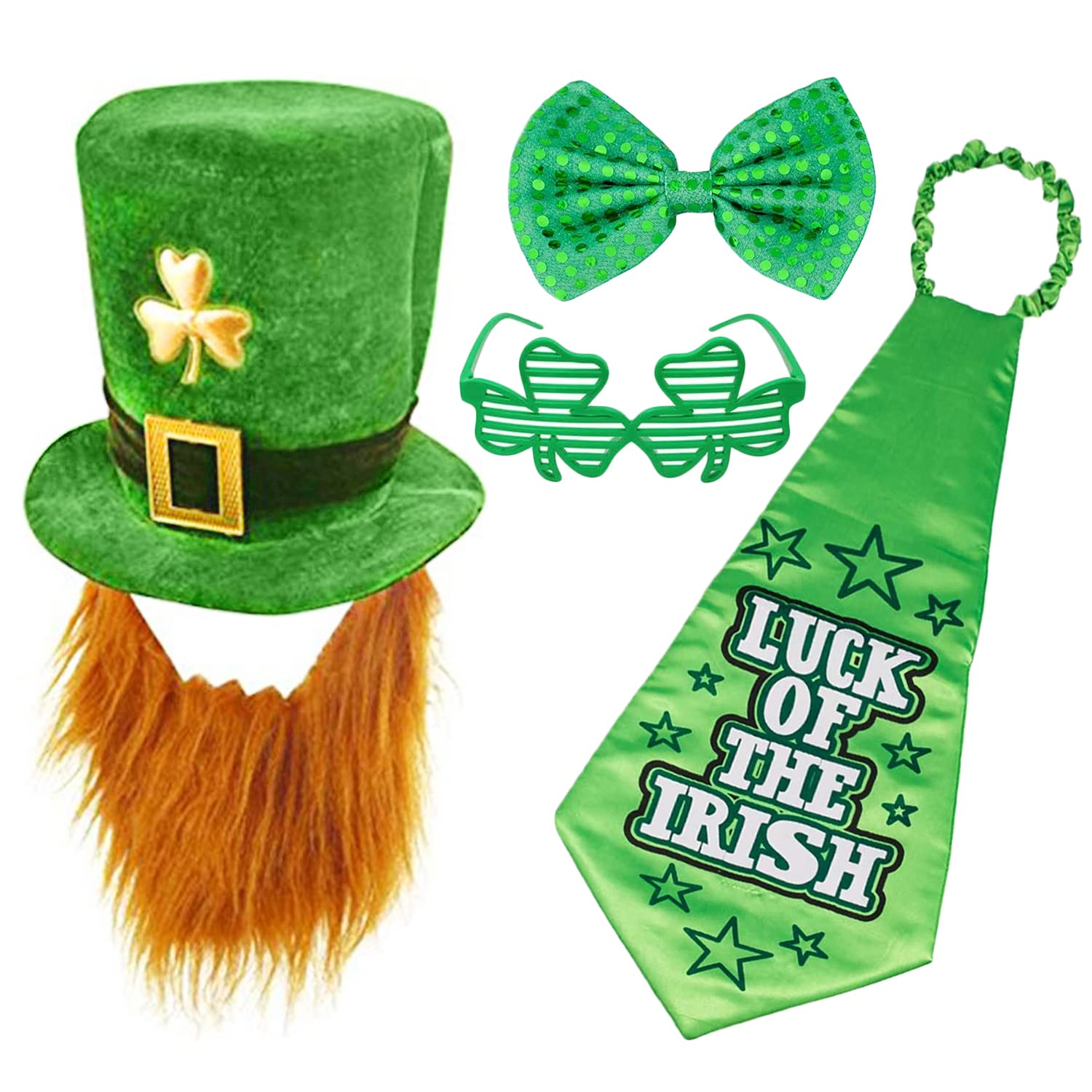 DWTECH 4 Pack St. Patrick Costume Set Include Leprechaun Hat with Beard, Green Large Bow Tie and Lucky Neck Tie for Party Costume Irish Festival Accessory