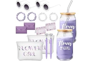 Meanplan 16 Pcs Be My Flower Girl Proposal Gifts Set Flower Girl Tumbler with Straws Makeup Bag Sunglasses Hair Ring Diamond Pen Envelope Card for Wedding Bridal Shower(Purple Series)