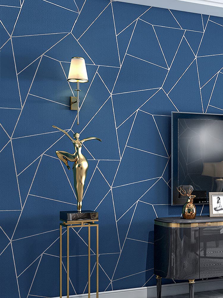 Prior.choice 9.5X0.53M Modern Geometry Triangle Gloss 4 Colors Embossed Textured Non-Woven Wallpaper Roll for Bedroom Livingroom 1.73' W x 31.2' L=5.035㎡ (54sq.ft) (Navy Blue)