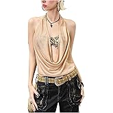 SweatyRocks Women's Draped Front Sheer Halter Tops Y2K Tie Backless Going Out Tops Clubwear