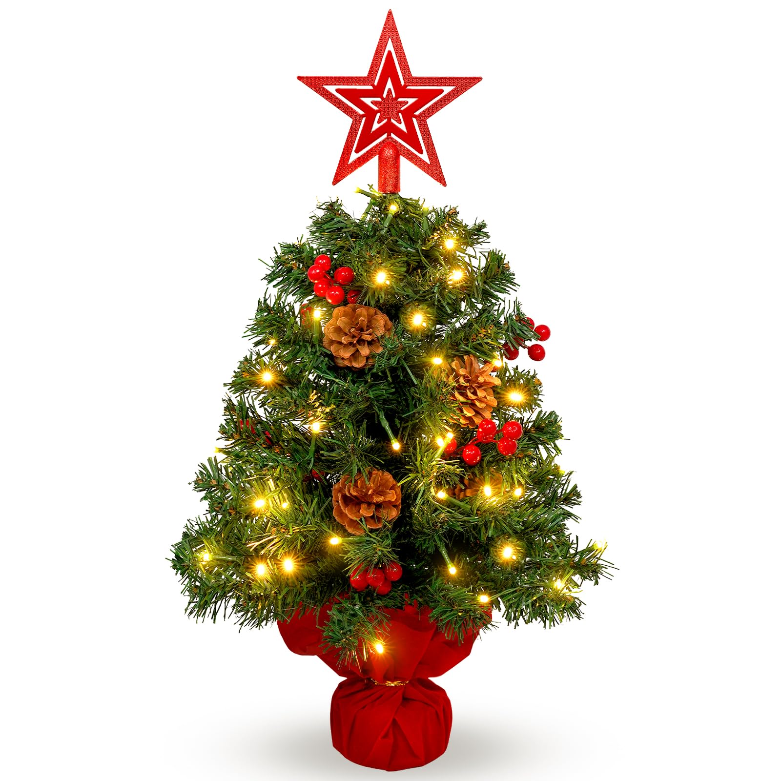 Uten 2ft/60cm Mini Christmas Tree, Artificial Tabletop Small Christmas Tree with 50 LED Strings Lights, 6 Groups Red berries, 6 Pinecones, Tree Topper Star and Red Base for Desktop Xmas Decoration