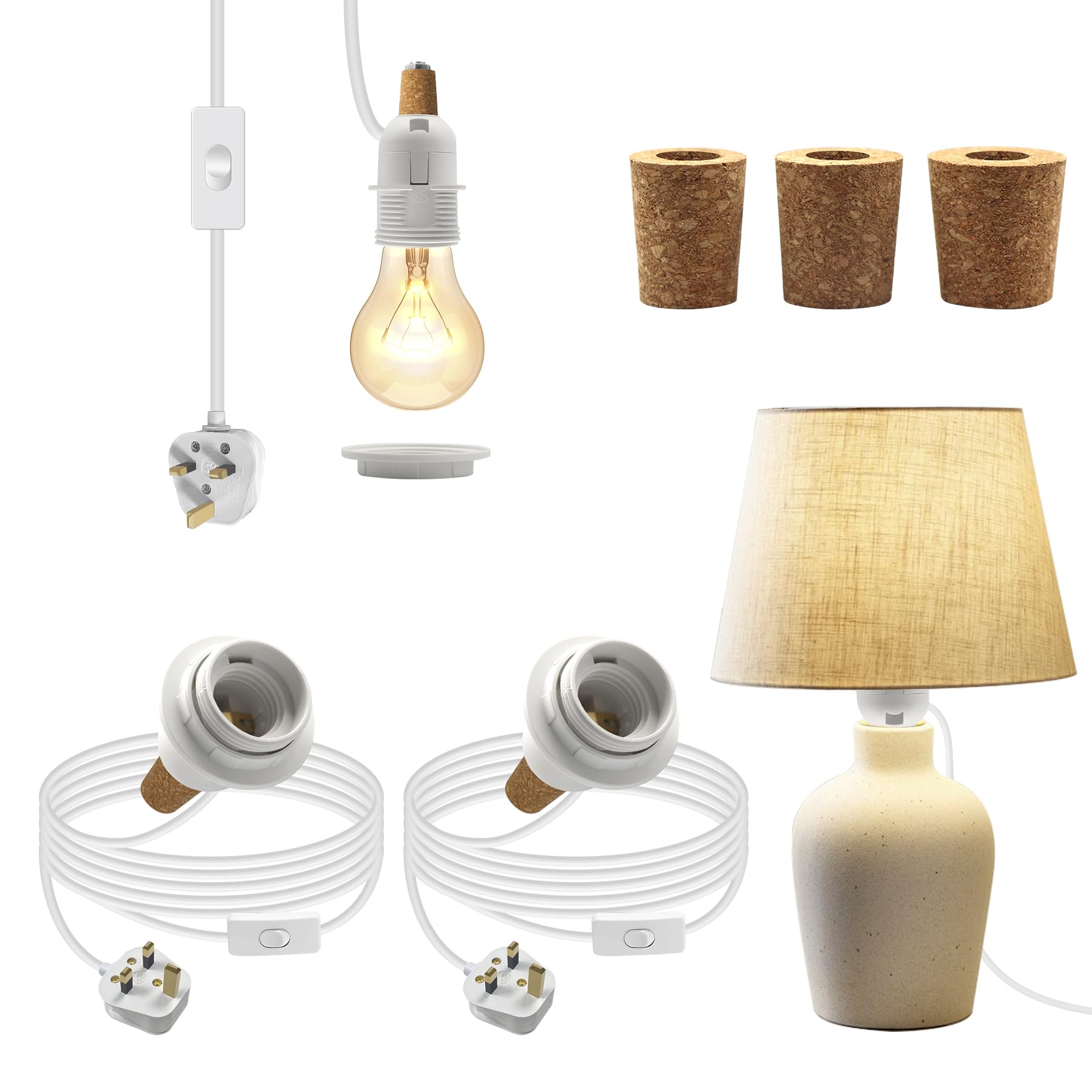 DIY Bottle Lamp Kit,2Pcs Bottle Lamp Adaptor Kit, White Lamp Kits for Do It Yourself, E26 Wine Bottle Table Lamp, E27 Screw Lamp Holder with Lampshade Fixing Ring, 3 Types Bung for Various Bottles — image 1