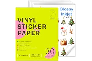 RUIBYTREE Printable Vinyl Sticker Paper for Inkjet Printer - 30 Sheets Glossy White - 8.5" x 11" - Waterproof Labels Paper, Dries Quickly,Vivid Colors,Tear Resistant,DIY Sticker