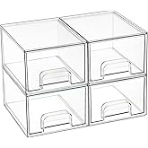 Vtopmart 4 Pack Small Clear Stackable Storage Drawers,Acrylic Bathroom Makeup Organizer,Plastic Storage Bins For Vanity, Unde