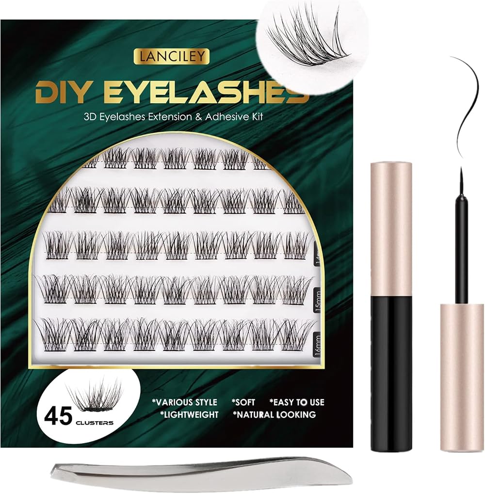 Lanciley Individual Lashes 45 Clusters DIY Kit 10-16mm with Glue Tweezers