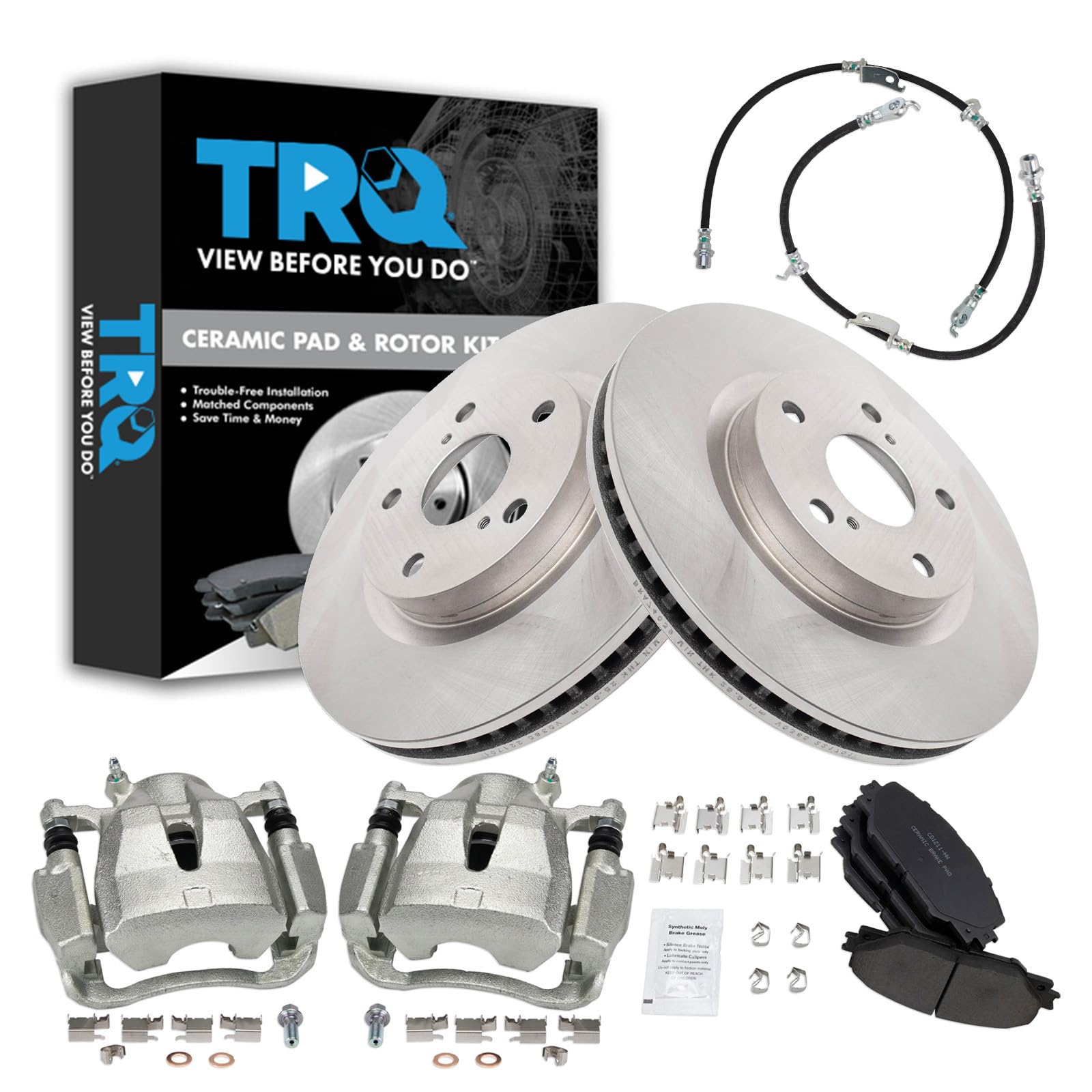 TRQ Front Brake Pad and Rotor Set Ceramic Calipers Hoses Japan Build Compatible with 2016-2019 Toyota Mirai 2006-2018 RAV4 Image